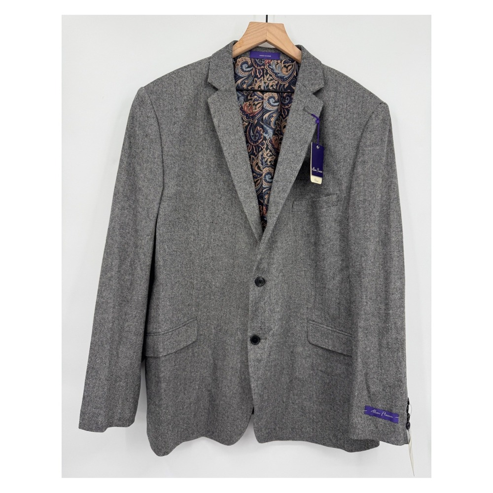 Alan Flusser Blazer Mens XL Black Gray Herringbone Wool Blend Paisley Lining NEW